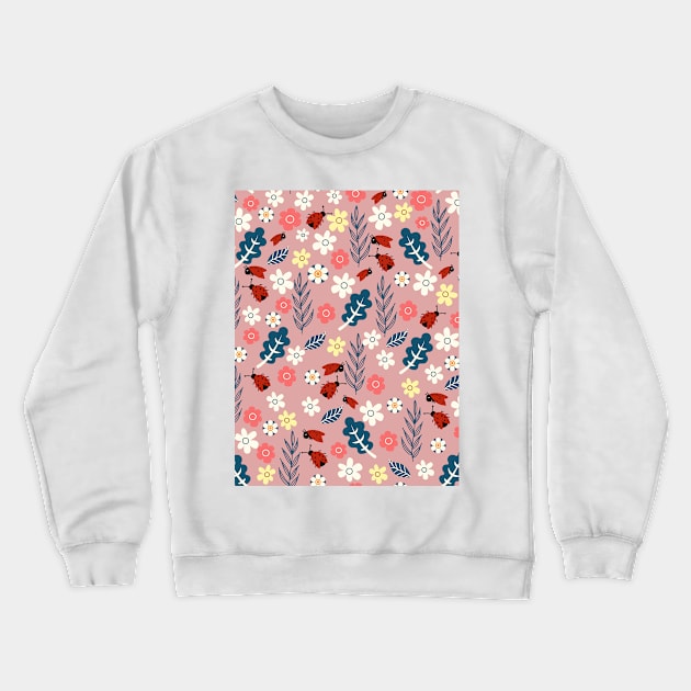 Spring meadow in bloom with ladybirds on green background Crewneck Sweatshirt by Arch4Design